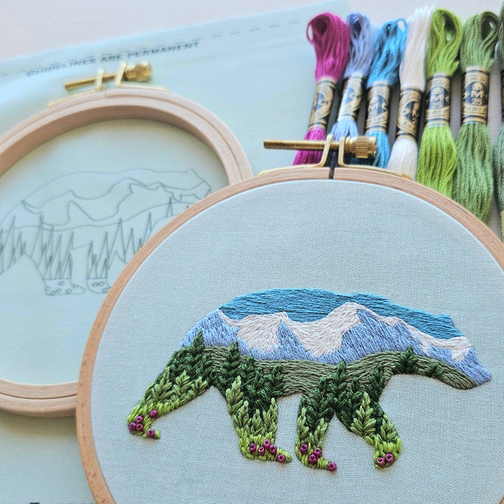 Jessica Long Embroidery – Mountain Bear Embroidery Kit | 5" Mountain Landscape Hand Embroidery Kit
