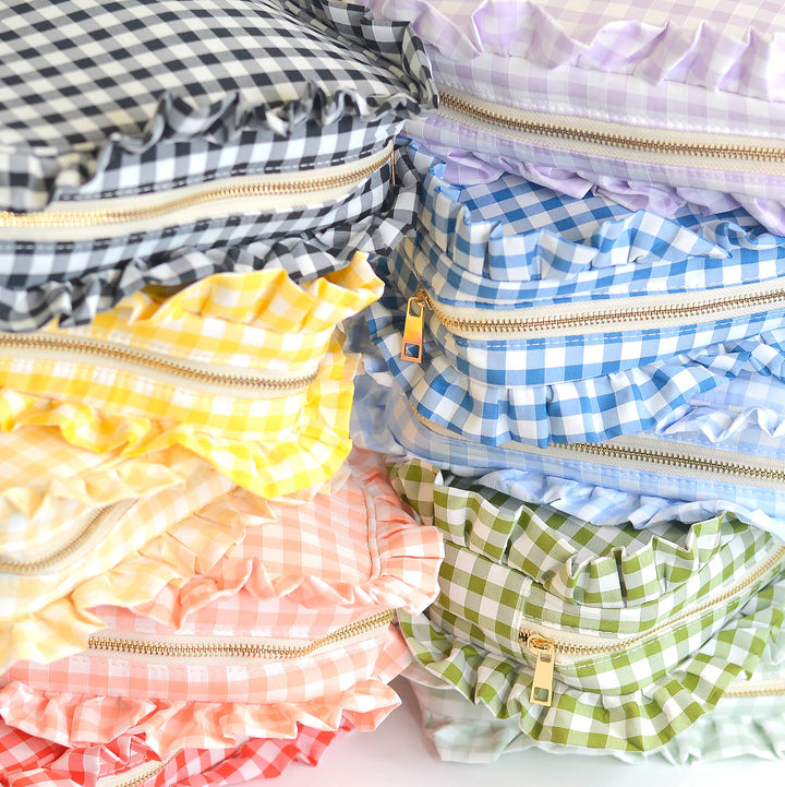 Mugsby - Gingham Ruffle Zipper Pouch Embroidery Friendly Cosmetic Bag: Black - Pisgah Needleworks