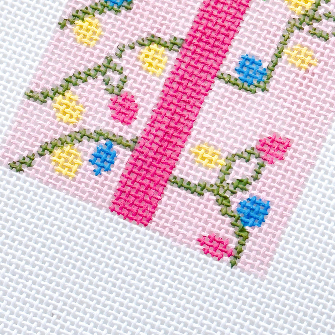 Cotswold Co Designs - Pink Present Christmas Needlepoint Canvas 18 Mesh 2.5”x5” Design, Bow Christmas Needlepoint Ornament, Modern Needlepoint - Pisgah Needleworks