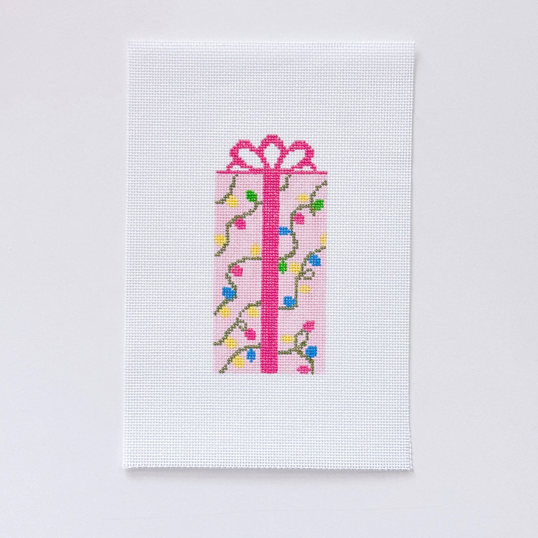 Cotswold Co Designs - Pink Present Christmas Needlepoint Canvas 18 Mesh 2.5”x5” Design, Bow Christmas Needlepoint Ornament, Modern Needlepoint - Pisgah Needleworks
