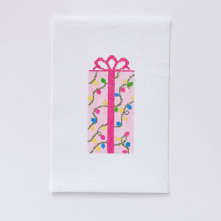 Cotswold Co Designs - Pink Present Christmas Needlepoint Canvas 18 Mesh 2.5”x5” Design, Bow Christmas Needlepoint Ornament, Modern Needlepoint - Pisgah Needleworks