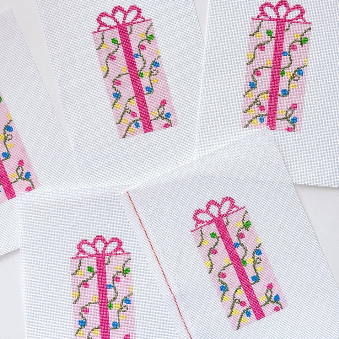 Cotswold Co Designs - Pink Present Christmas Needlepoint Canvas 18 Mesh 2.5”x5” Design, Bow Christmas Needlepoint Ornament, Modern Needlepoint - Pisgah Needleworks