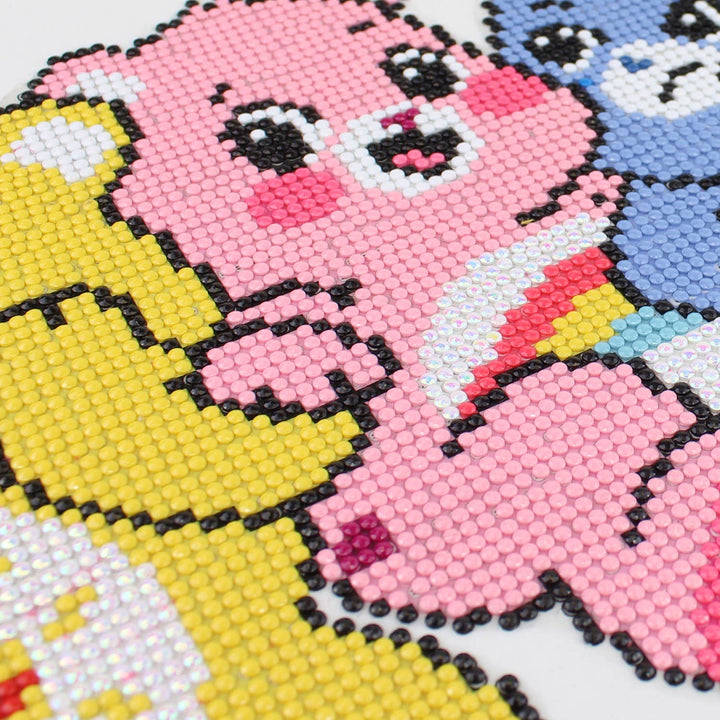 Pixelated character with pink hair and a yellow outfit on a white background