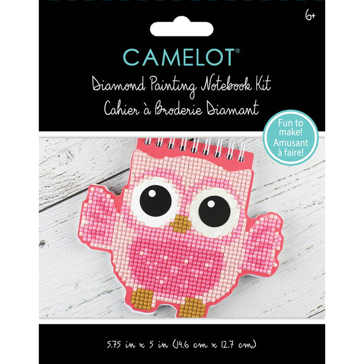 Camelot Diamond Painting Notebook Kit with pink owl design on packaging