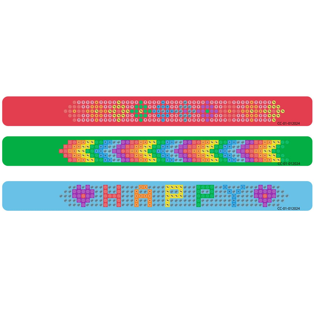 Three colorful pixelated wristbands with different messages on a white background