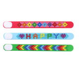 Three colorful bracelets with 'HAPPY BIRTHDAY' text on a white background