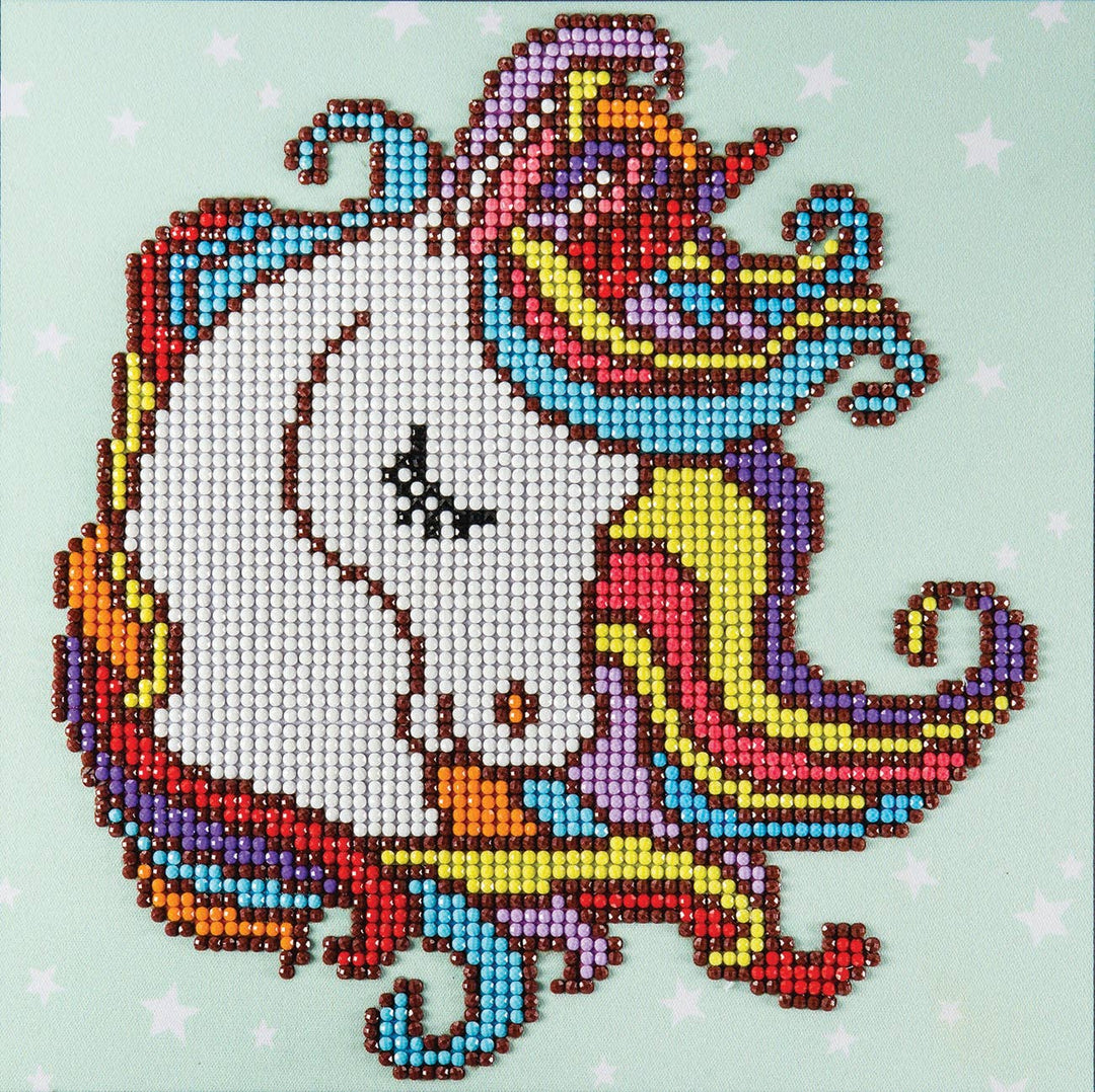 Colorful beaded art of a unicorn on a light blue background