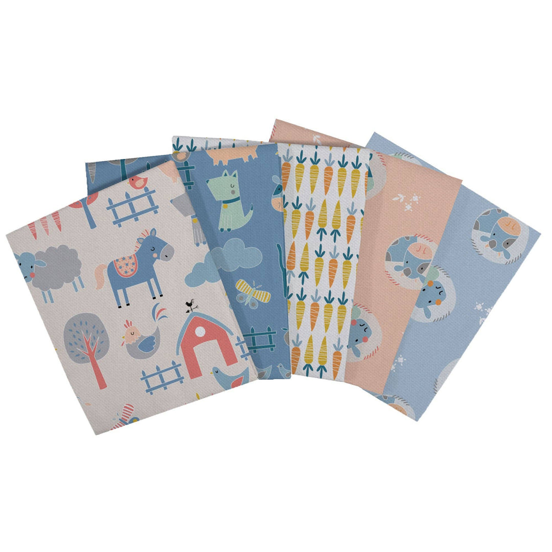 Set of six children's patterned paper sheets on a white background