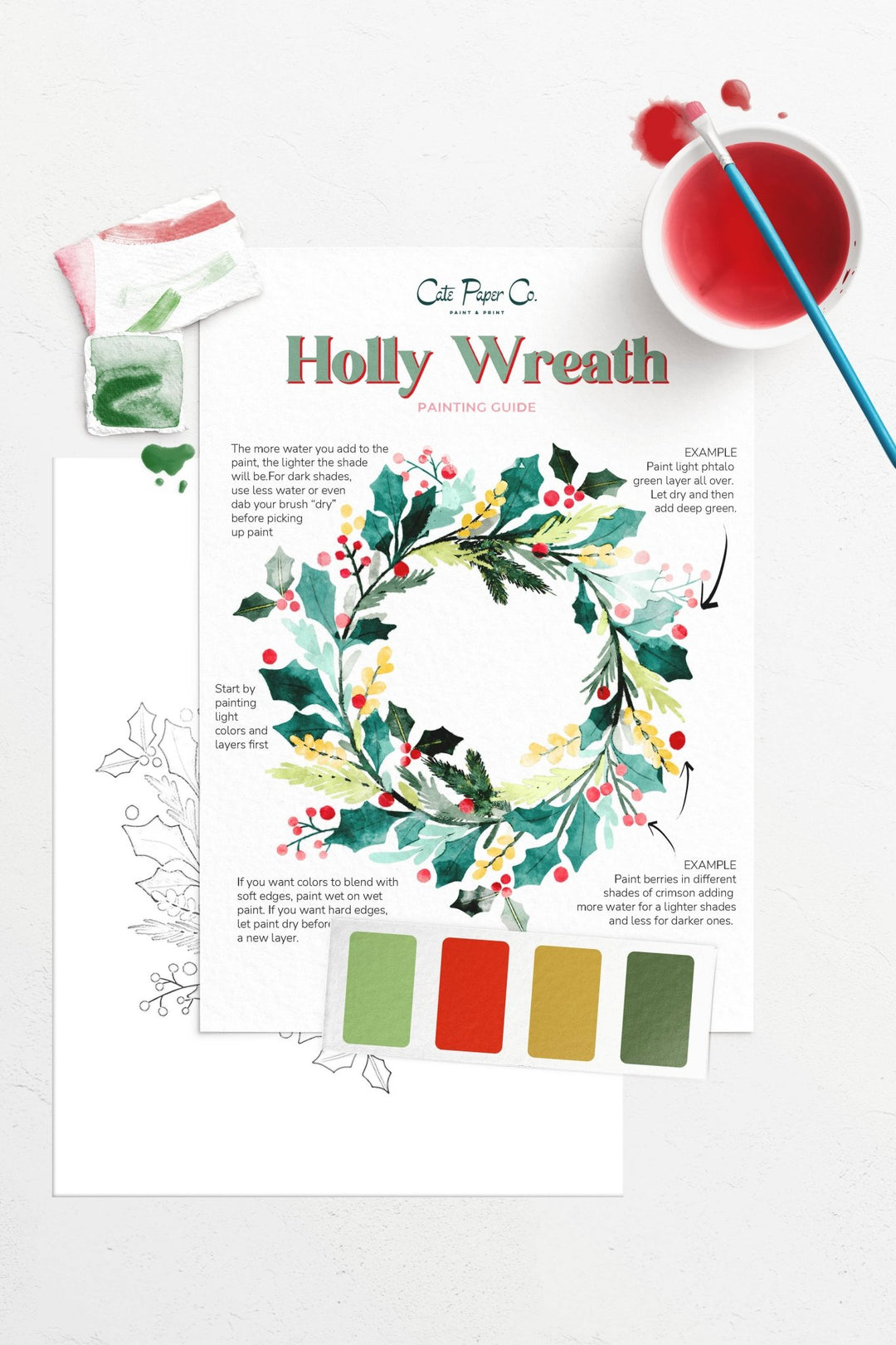 Cate Paper Co. - Holly Wreath watercolor painting kit - Pisgah Needleworks