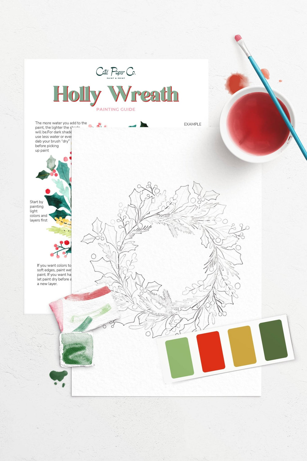 Cate Paper Co. - Holly Wreath watercolor painting kit - Pisgah Needleworks