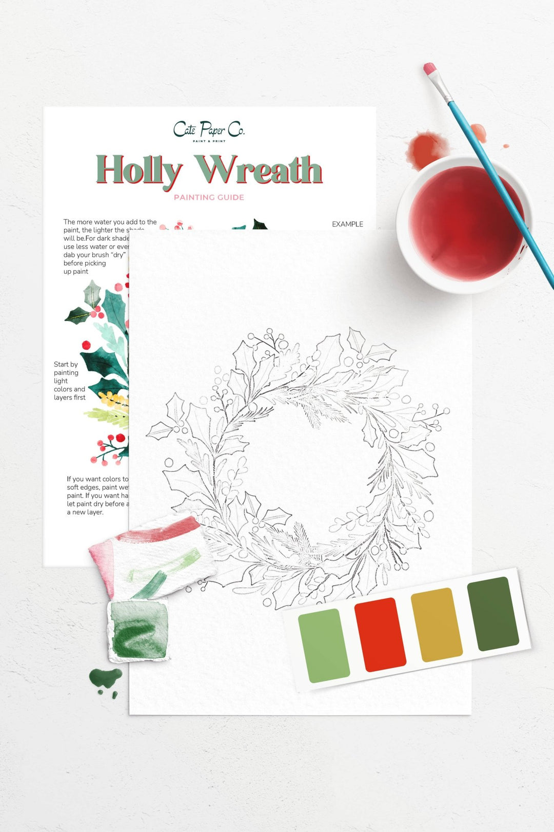 Cate Paper Co. - Holly Wreath watercolor painting kit - Pisgah Needleworks