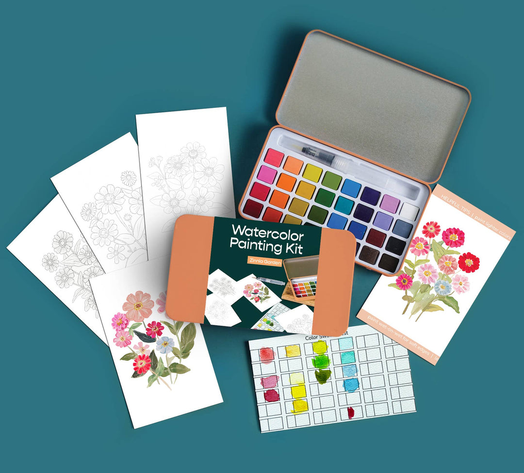 Cate Paper Co. - Zinnia Garden watercolor painting kit - Pisgah Needleworks