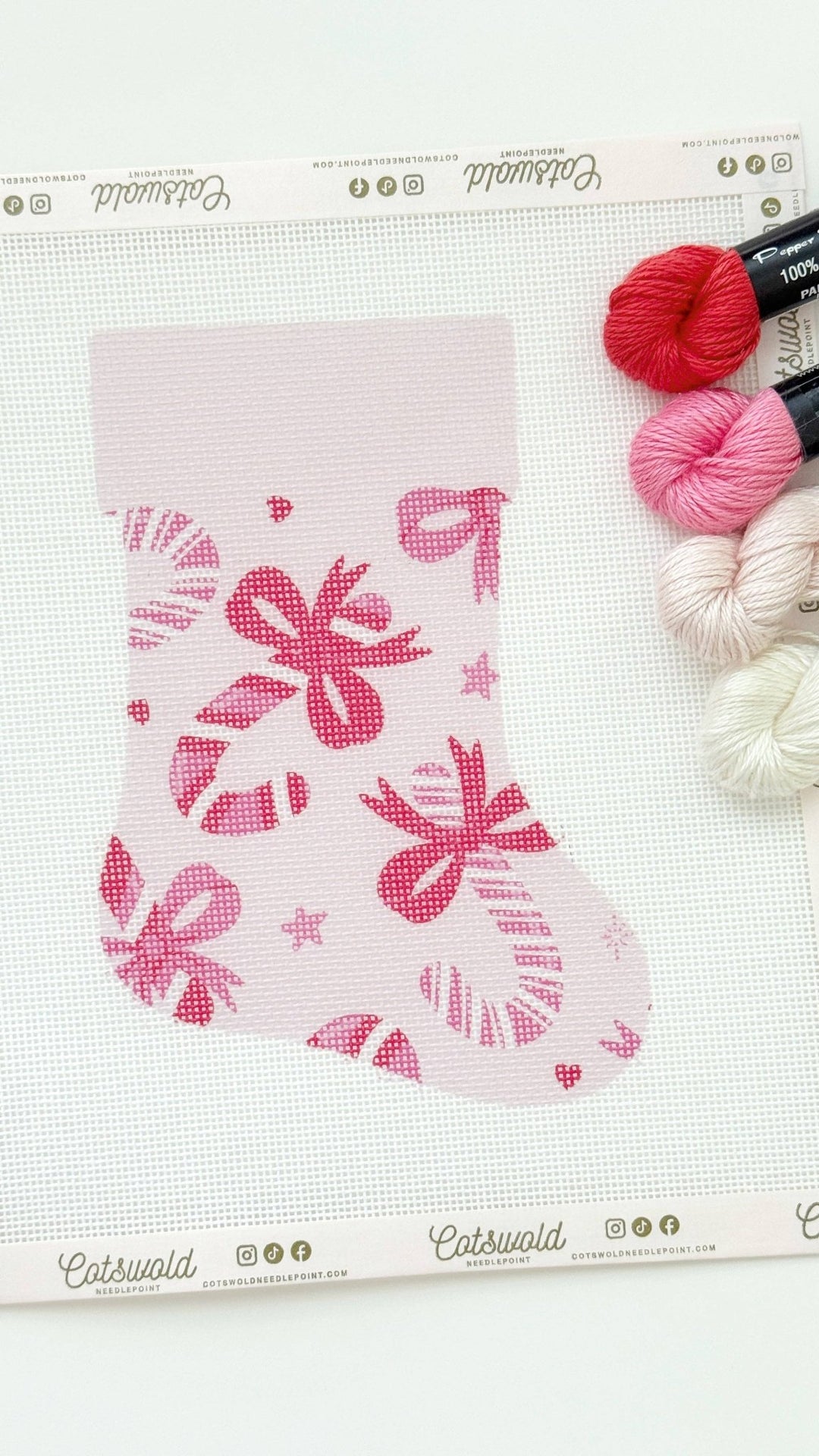 Cotswold Co Designs - Candy Cane Bows Mini Christmas Needlepoint Canvas, 18 Mesh, Artisan Printed Needlepoint, 6x9 Design - Pisgah Needleworks