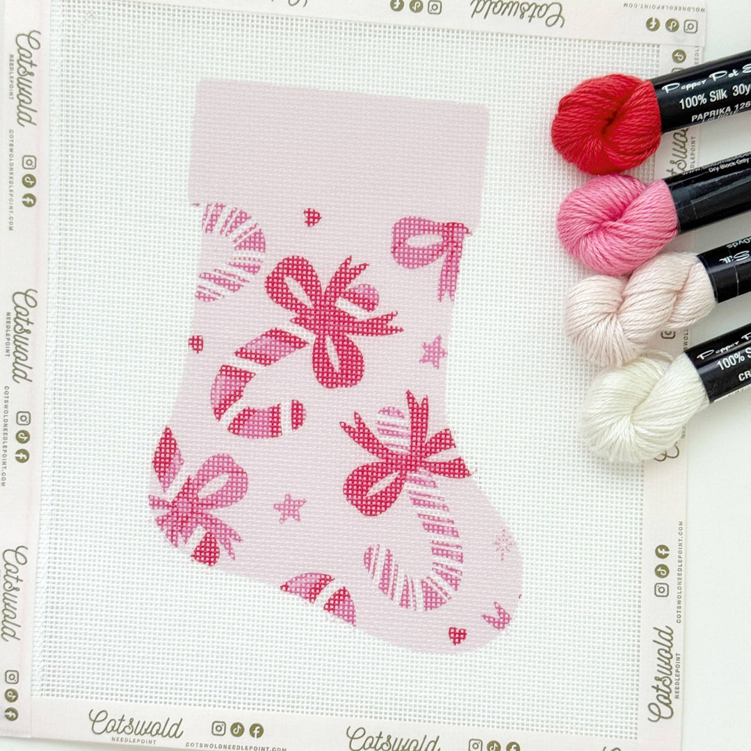 Cotswold Co Designs - Candy Cane Bows Mini Christmas Needlepoint Canvas, 18 Mesh, Artisan Printed Needlepoint, 6x9 Design - Pisgah Needleworks