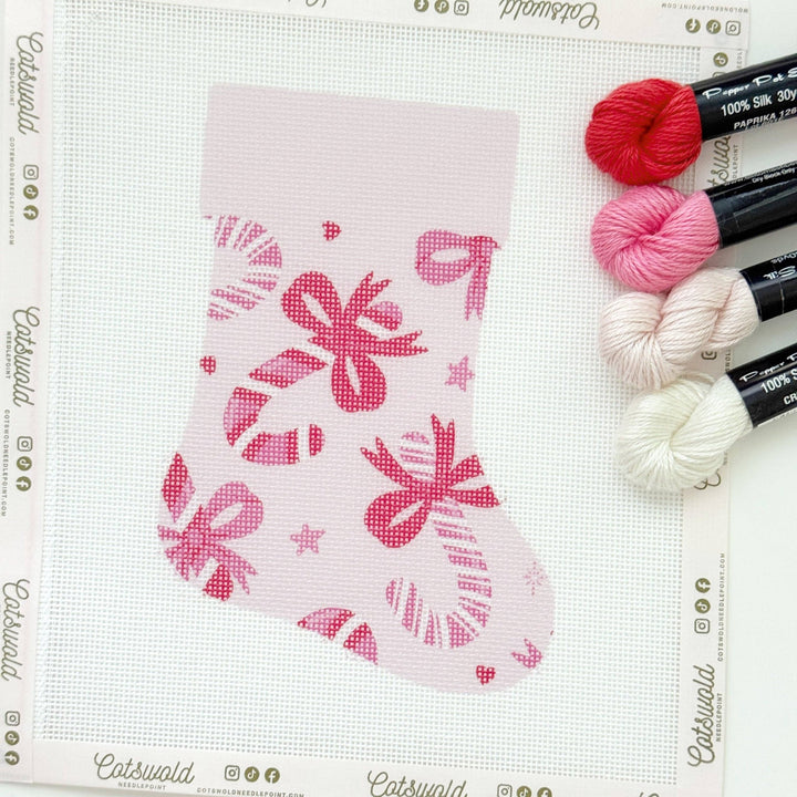 Cotswold Co Designs - Candy Cane Bows Mini Christmas Needlepoint Canvas, 18 Mesh, Artisan Printed Needlepoint, 6x9 Design - Pisgah Needleworks