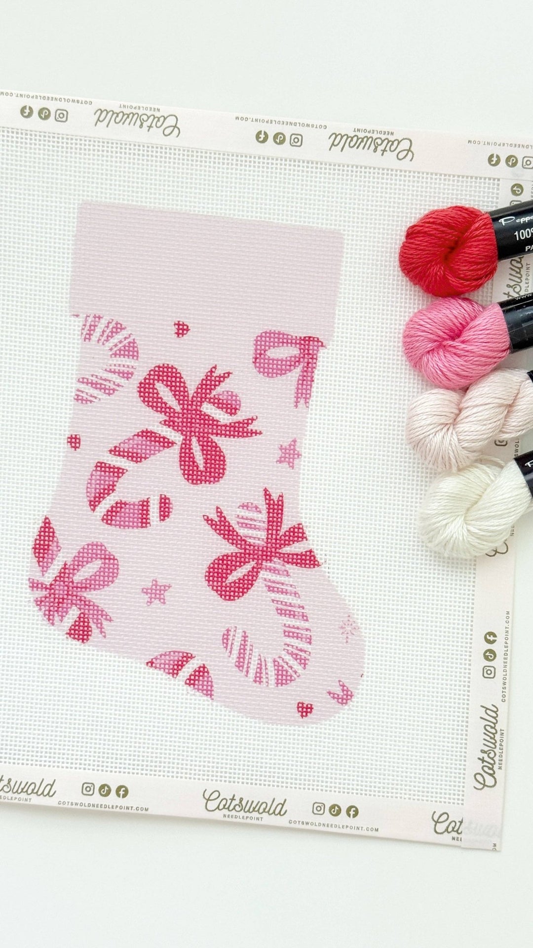 Cotswold Co Designs - Candy Cane Bows Mini Christmas Needlepoint Canvas, 18 Mesh, Artisan Printed Needlepoint, 6x9 Design - Pisgah Needleworks