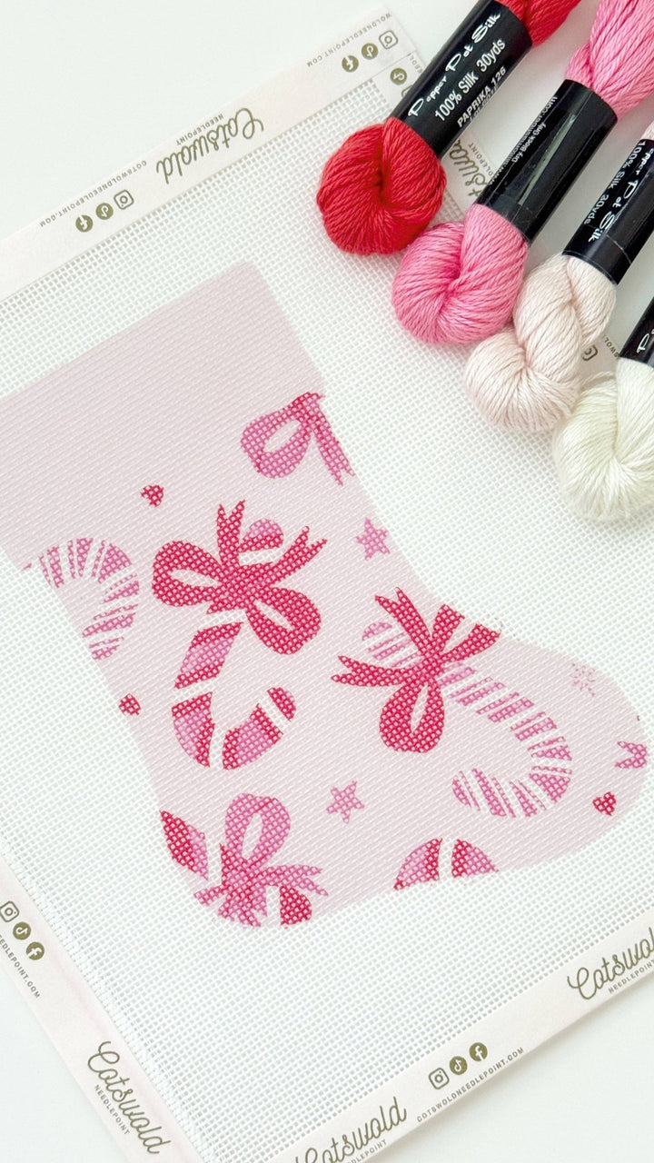 Cotswold Co Designs - Candy Cane Bows Mini Christmas Needlepoint Canvas, 18 Mesh, Artisan Printed Needlepoint, 6x9 Design - Pisgah Needleworks