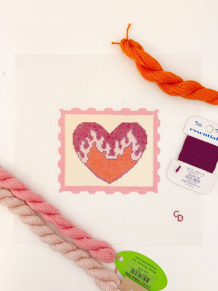 Cotswold Co Designs Flaming Heart Valentine Stamp Needlepoint Canvas | 3" | 18 Mesh - Pisgah Needleworks