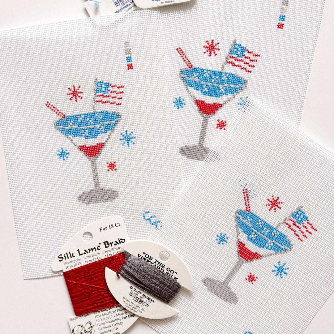 Cotswold Co. Designs Hand - Painted Needlepoint Canvas – Patriotic Martini, 2.5x3”, 18 Mesh - Pisgah Needleworks