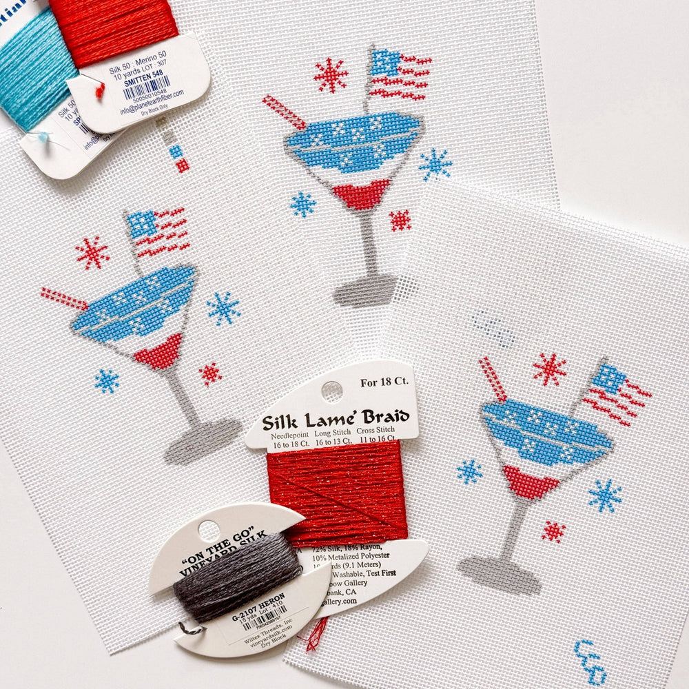 Cotswold Co. Designs Hand - Painted Needlepoint Canvas – Patriotic Martini, 2.5x3”, 18 Mesh - Pisgah Needleworks