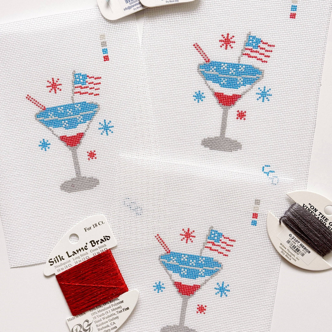 Cotswold Co. Designs Hand - Painted Needlepoint Canvas – Patriotic Martini, 2.5x3”, 18 Mesh - Pisgah Needleworks