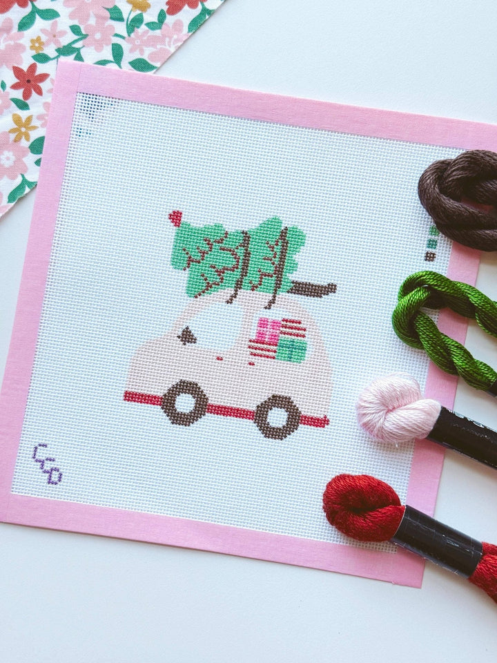 Cotswold Co. Designs Hand - Painted Needlepoint Canvas – Pink Christmas Car Ornament, 4x4”, 18 Mesh - Pisgah Needleworks