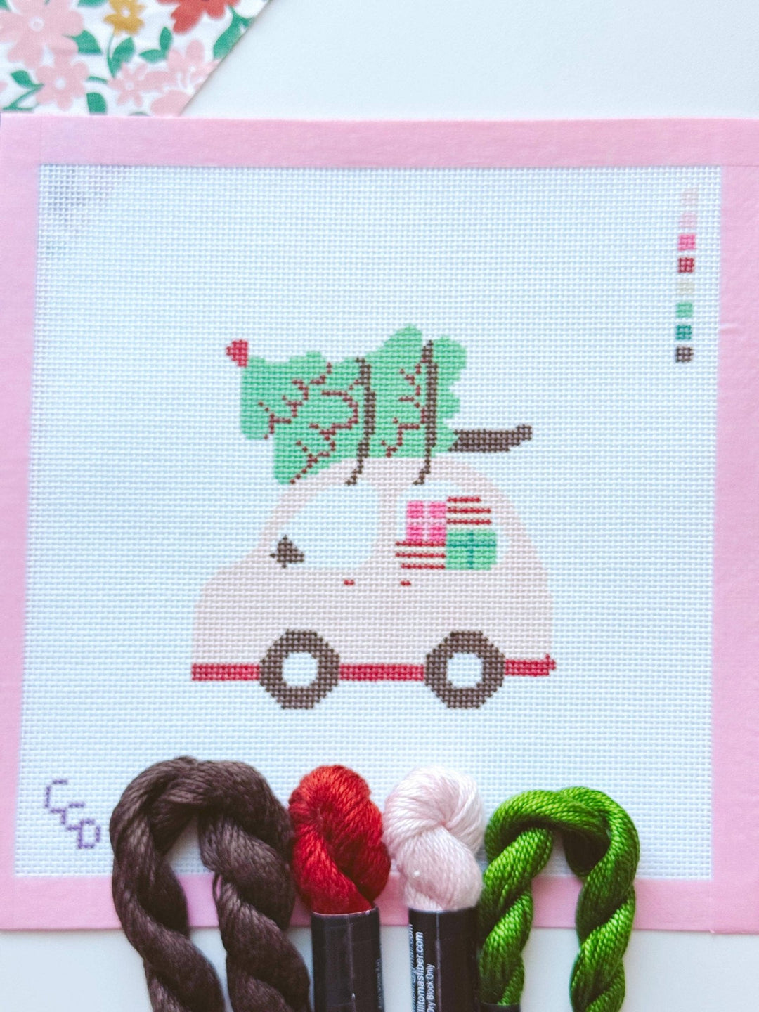 Cotswold Co. Designs Hand - Painted Needlepoint Canvas – Pink Christmas Car Ornament, 4x4”, 18 Mesh - Pisgah Needleworks