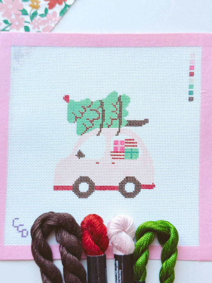 Cotswold Co. Designs Hand - Painted Needlepoint Canvas – Pink Christmas Car Ornament, 4x4”, 18 Mesh - Pisgah Needleworks