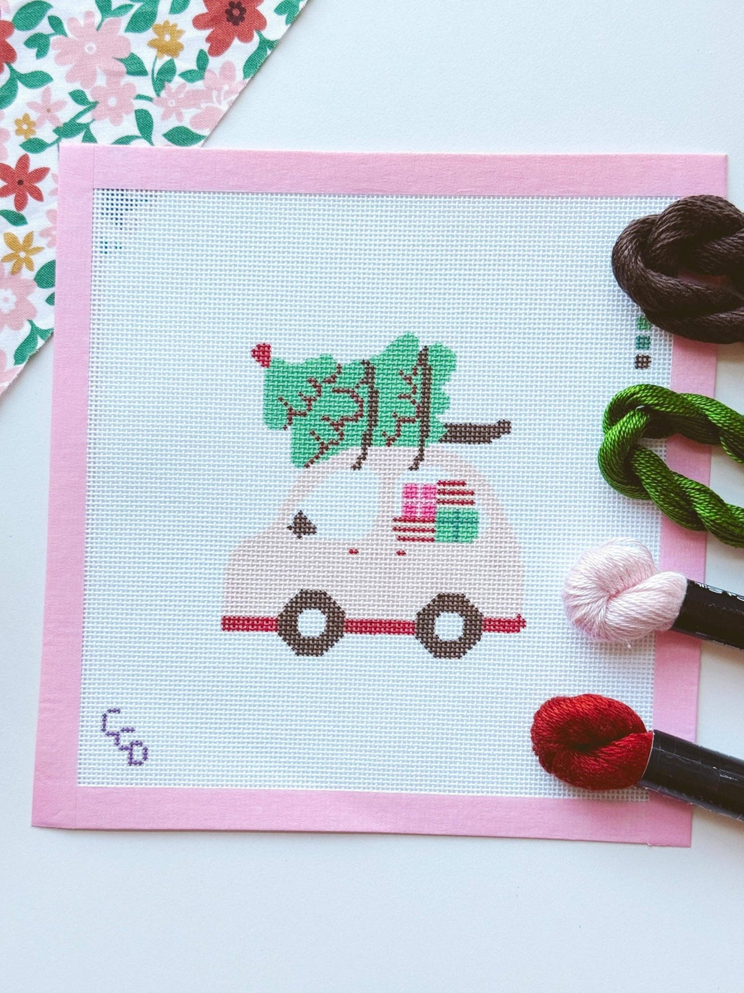 Cotswold Co. Designs Hand - Painted Needlepoint Canvas – Pink Christmas Car Ornament, 4x4”, 18 Mesh - Pisgah Needleworks