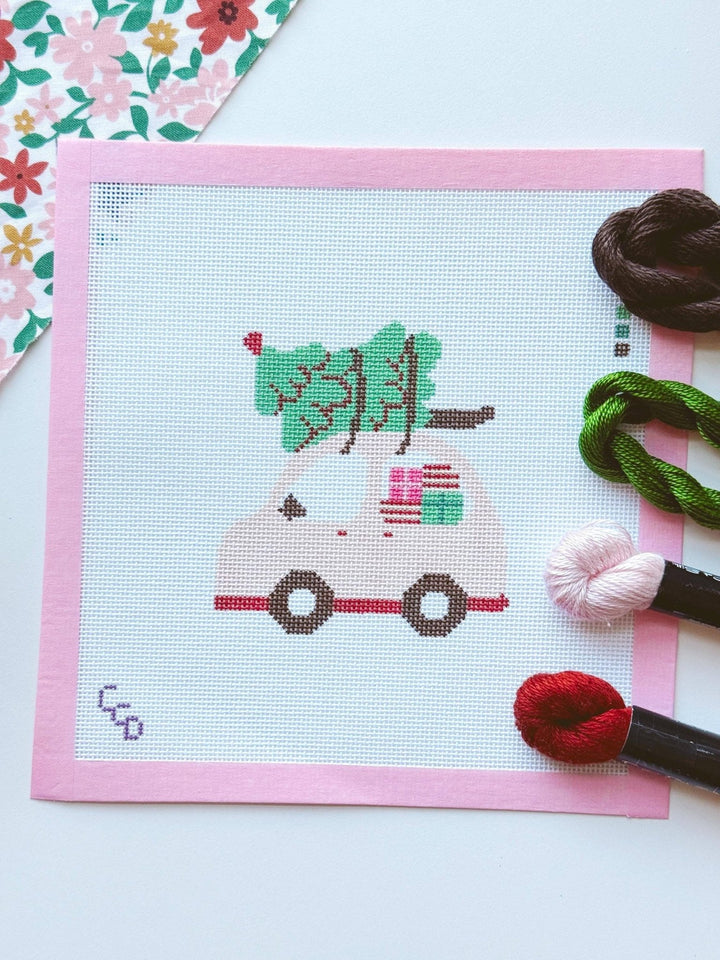 Cotswold Co. Designs Hand - Painted Needlepoint Canvas – Pink Christmas Car Ornament, 4x4”, 18 Mesh - Pisgah Needleworks