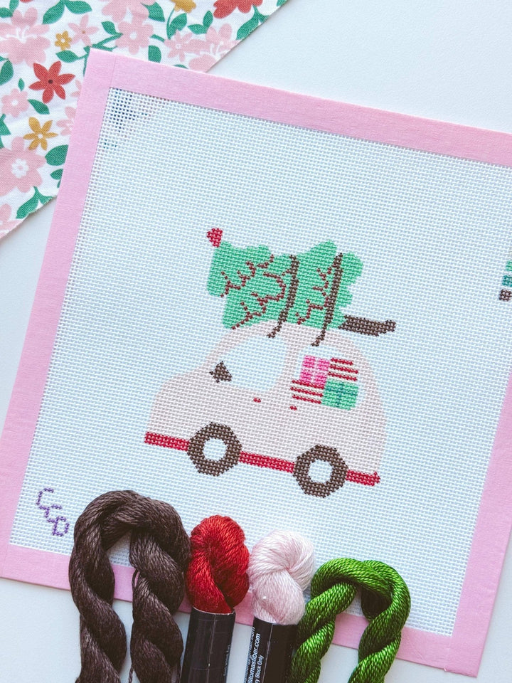 Cotswold Co. Designs Hand - Painted Needlepoint Canvas – Pink Christmas Car Ornament, 4x4”, 18 Mesh - Pisgah Needleworks
