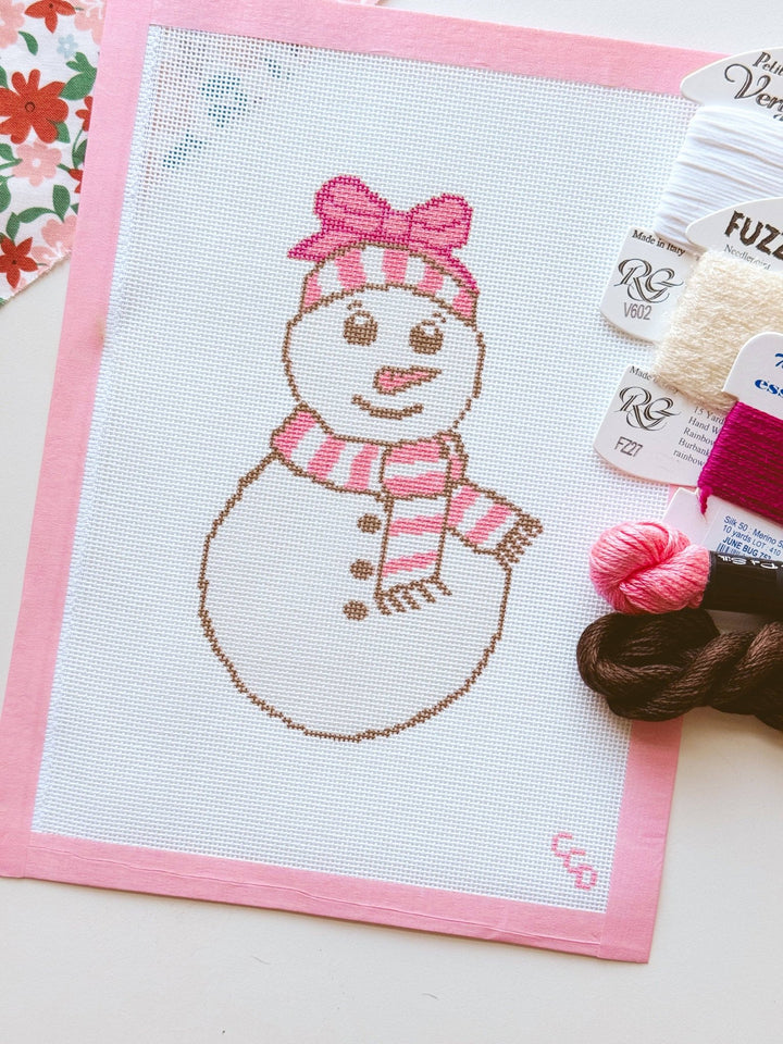 Cotswold Co. Designs Hand - Painted Needlepoint Canvas – Pink Snowman, 4x7”, 18 Mesh - Pisgah Needleworks