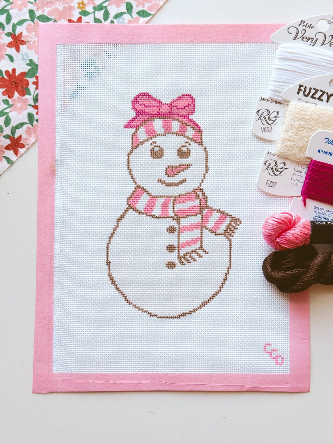 Cotswold Co. Designs Hand - Painted Needlepoint Canvas – Pink Snowman, 4x7”, 18 Mesh - Pisgah Needleworks