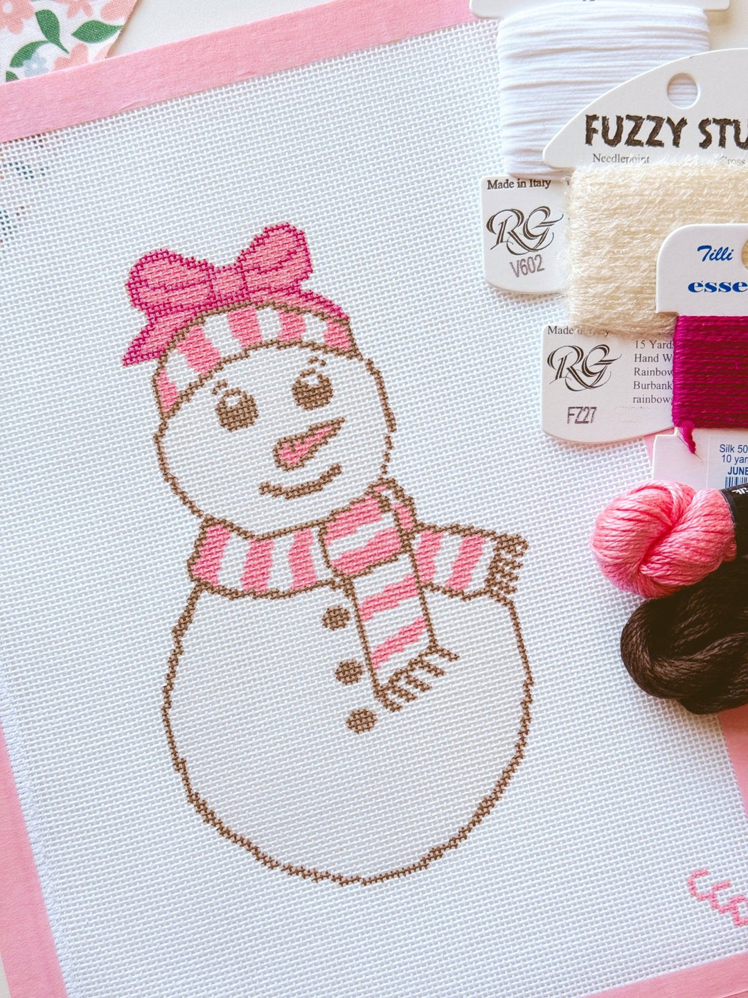 Cotswold Co. Designs Hand - Painted Needlepoint Canvas – Pink Snowman, 4x7”, 18 Mesh - Pisgah Needleworks
