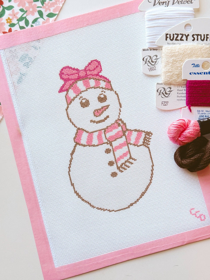 Cotswold Co. Designs Hand - Painted Needlepoint Canvas – Pink Snowman, 4x7”, 18 Mesh - Pisgah Needleworks