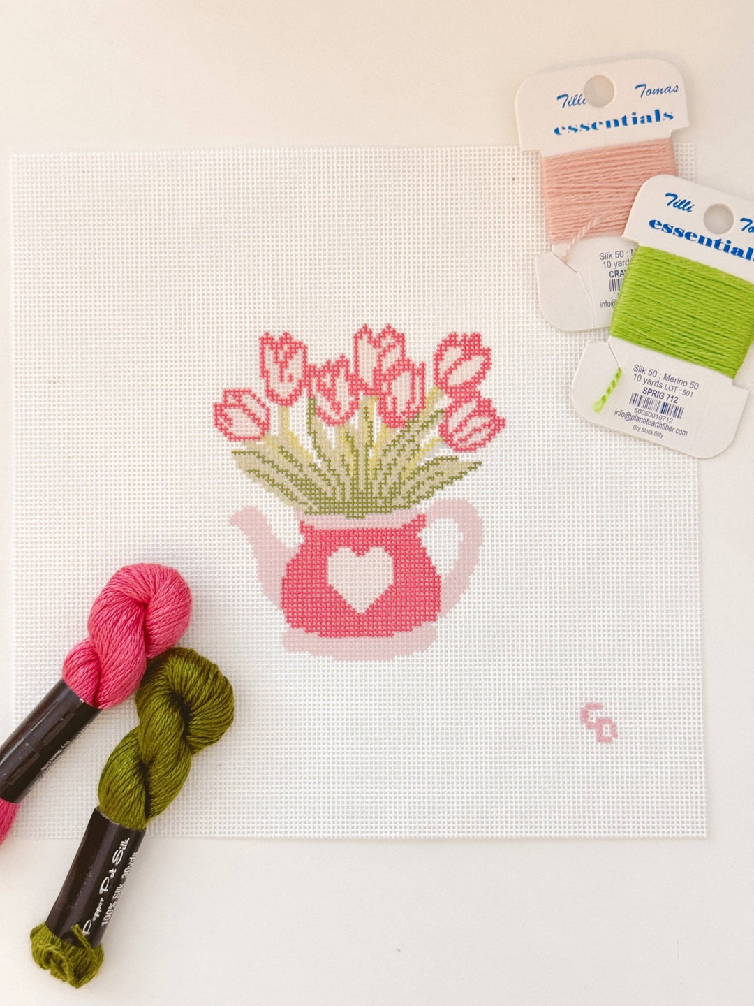 Cotswold Co Designs Heart Flower Teapot Needlepoint Canvas | 3" x 4" | 18 Mesh - Pisgah Needleworks