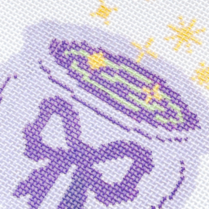 Cotswold Co Designs - Magic Cauldren Halloween Needlepoint Canvas, 18 mesh, 4x4” design, modern trendy needlepoint canvas, bow Halloween needlepoint - Pisgah Needleworks