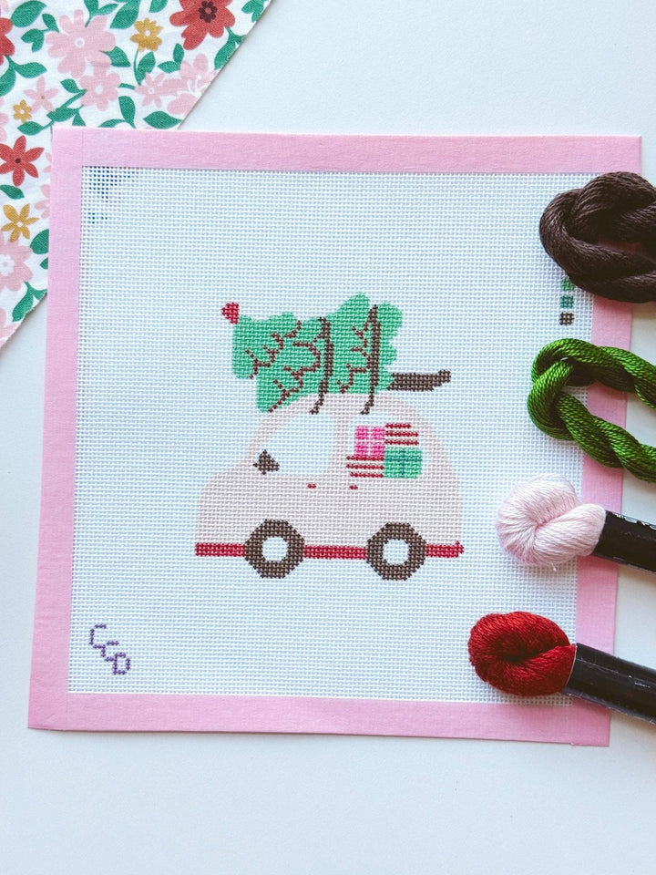 Cotswold Co Designs Pink Christmas Car Needlepoint Canvas | 18 Mesh - Pisgah Needleworks