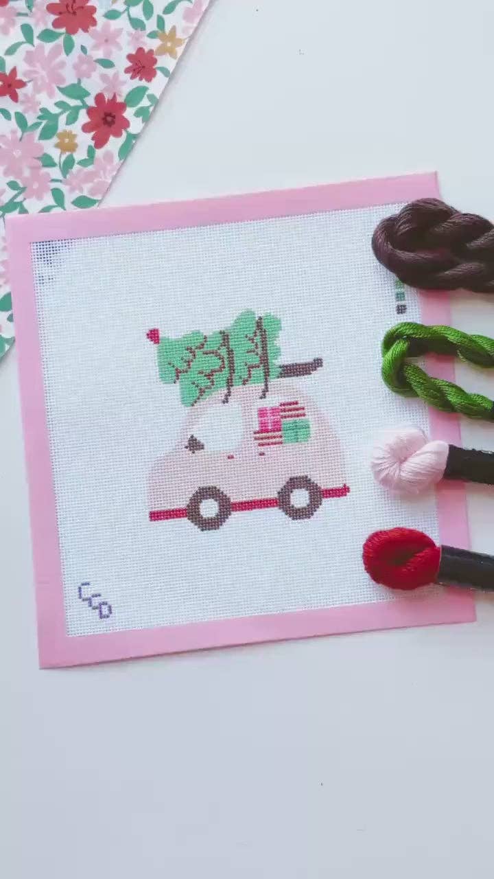 Cotswold Co Designs Pink Christmas Car Needlepoint Canvas | 18 Mesh - Pisgah Needleworks