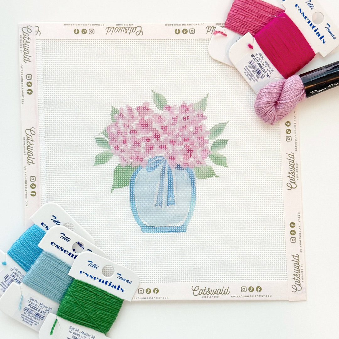 Cotswold Co Designs - Pink Hydrangea Flower Vase Needlepoint Canvas, 18 Mesh, Artisan Printed Needlepoint, 3.5x4 Design - Pisgah Needleworks