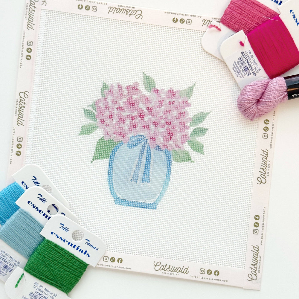 Cotswold Co Designs - Pink Hydrangea Flower Vase Needlepoint Canvas, 18 Mesh, Artisan Printed Needlepoint, 3.5x4 Design - Pisgah Needleworks