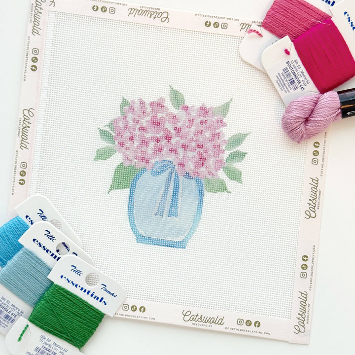 Cotswold Co Designs - Pink Hydrangea Flower Vase Needlepoint Canvas, 18 Mesh, Artisan Printed Needlepoint, 3.5x4 Design - Pisgah Needleworks