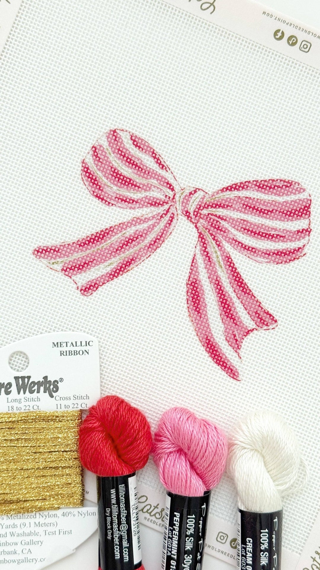 Cotswold Co Designs - Pink Red Striped Christmas Needlepoint Canvas, 18 Mesh, Artisan Printed Needlepoint, 4x4 Design - Pisgah Needleworks