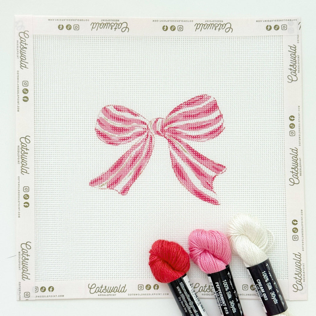 Cotswold Co Designs - Pink Red Striped Christmas Needlepoint Canvas, 18 Mesh, Artisan Printed Needlepoint, 4x4 Design - Pisgah Needleworks