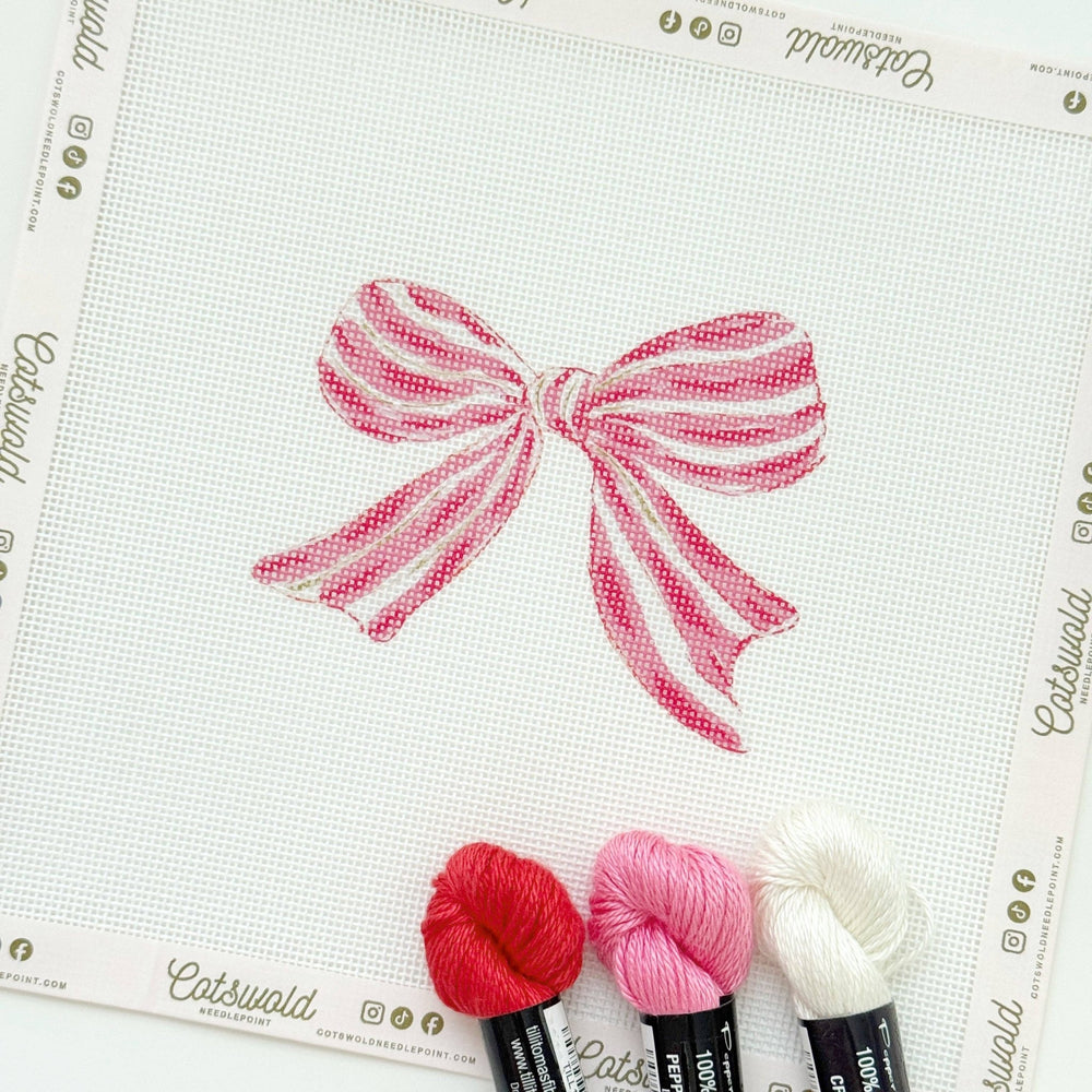Cotswold Co Designs - Pink Red Striped Christmas Needlepoint Canvas, 18 Mesh, Artisan Printed Needlepoint, 4x4 Design - Pisgah Needleworks