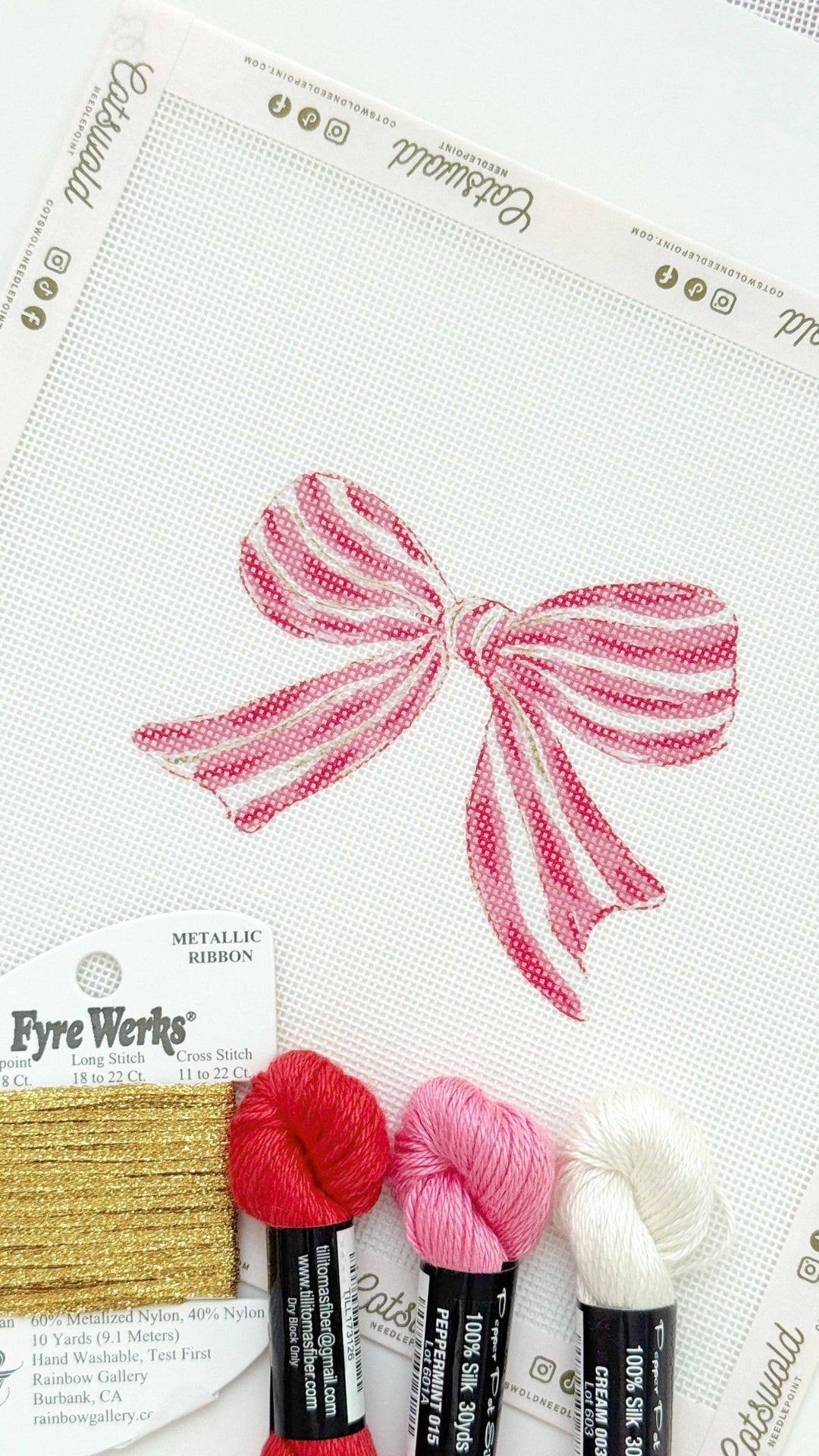 Cotswold Co Designs - Pink Red Striped Christmas Needlepoint Canvas, 18 Mesh, Artisan Printed Needlepoint, 4x4 Design - Pisgah Needleworks