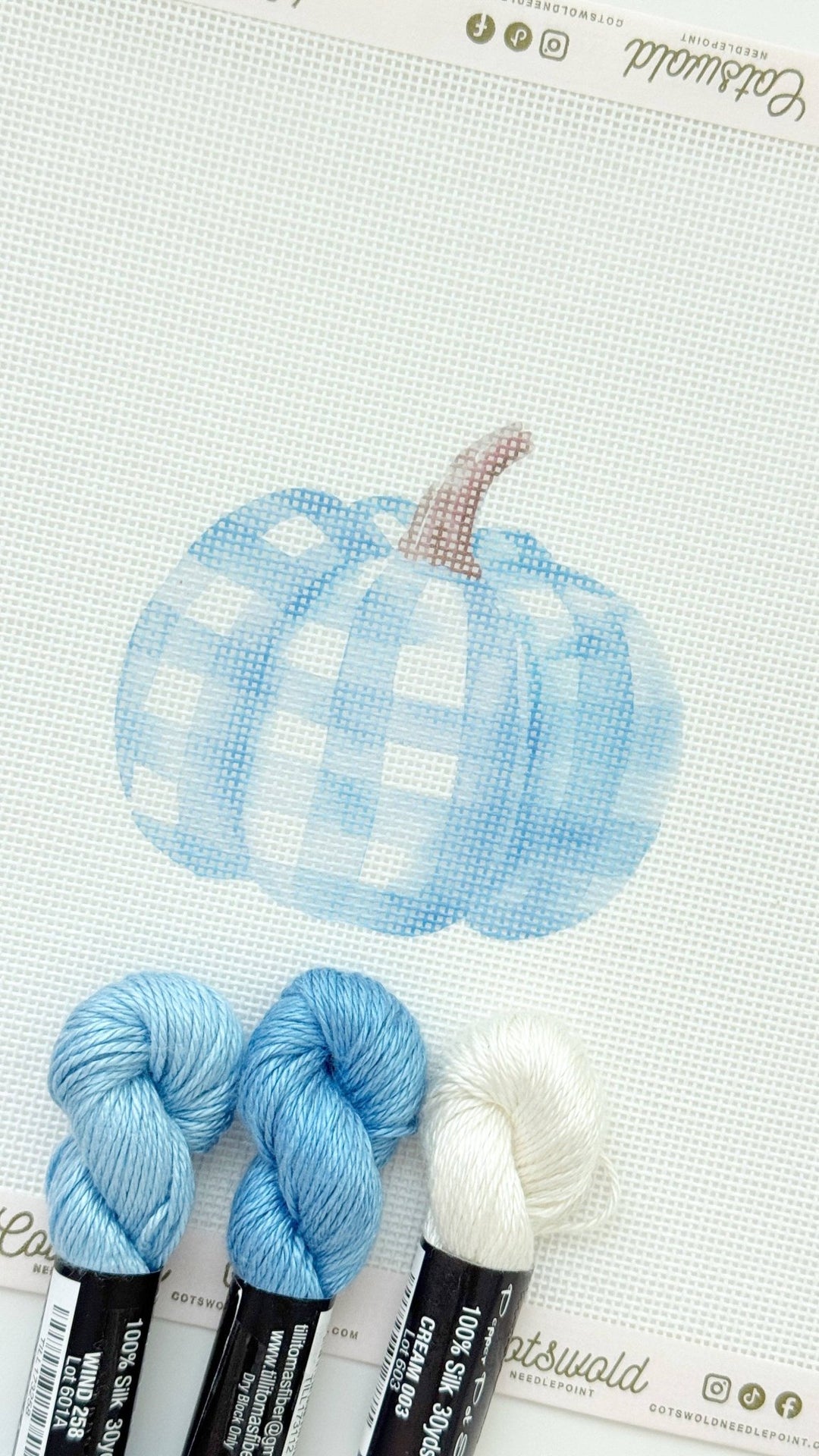 Cotswold Co Designs - Plaid Blue Pumpkin Fall Needlepoint Canvas, 18 Mesh, Artisan Printed Needlepoint, 3.5x3.5 Design - Pisgah Needleworks