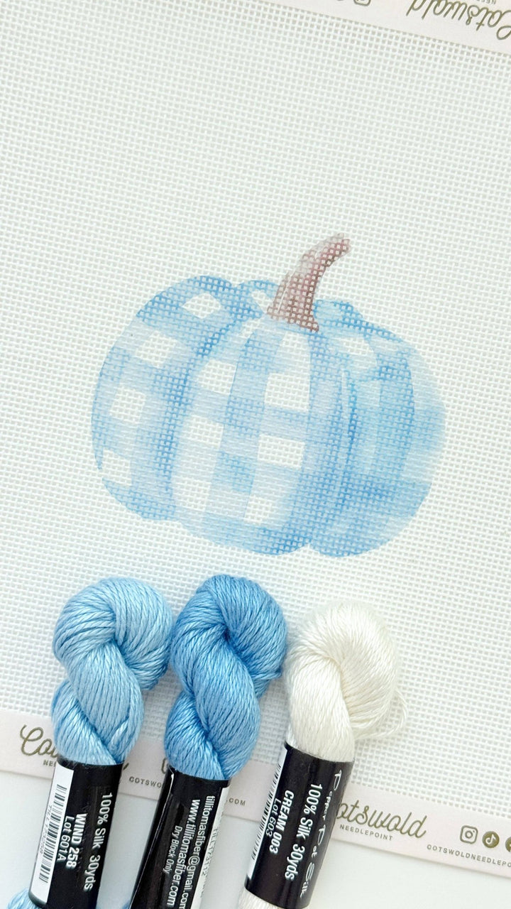 Cotswold Co Designs - Plaid Blue Pumpkin Fall Needlepoint Canvas, 18 Mesh, Artisan Printed Needlepoint, 3.5x3.5 Design - Pisgah Needleworks