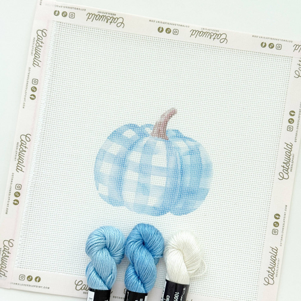 Cotswold Co Designs - Plaid Blue Pumpkin Fall Needlepoint Canvas, 18 Mesh, Artisan Printed Needlepoint, 3.5x3.5 Design - Pisgah Needleworks