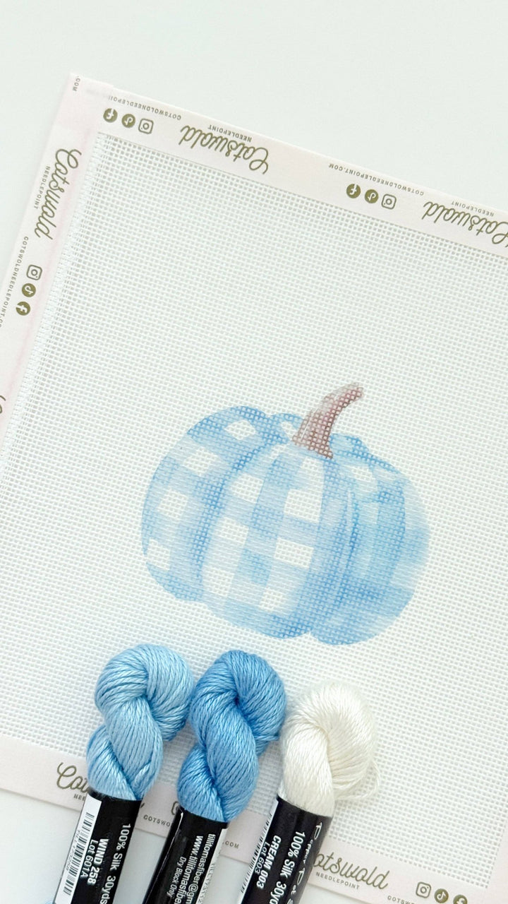Cotswold Co Designs - Plaid Blue Pumpkin Fall Needlepoint Canvas, 18 Mesh, Artisan Printed Needlepoint, 3.5x3.5 Design - Pisgah Needleworks